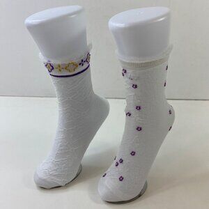 Womens Set 2 Floral Knit Crew Socks Flowers Geometric Ruffle Cuff White Purple